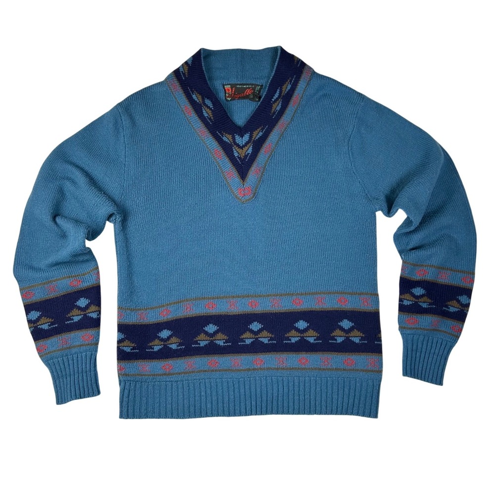 Vintage Sigallo Mens Blue V-Neck Sweater Southwestern Pattern Acrylic Size S